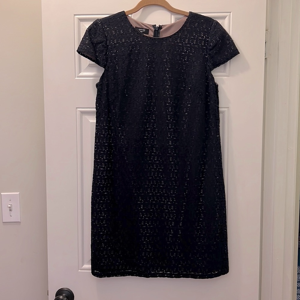 Shri Chin Mini Dress, Size 8, Navy overlay over dark beige lining